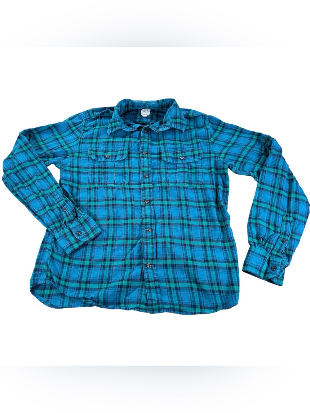 GAP Crinkle Plaid Shirt Women’s S Elec Jade Teal Roll Tab Button Down Preppy